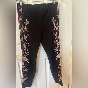 Johnny Was LA Embroidered Black Women's Pants with Pink Floral Detail